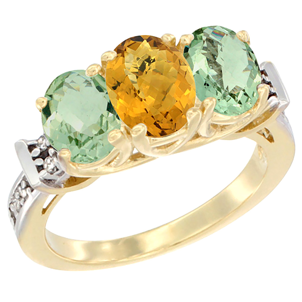 10K Yellow Gold Natural Whisky Quartz & Green Amethyst Sides Ring 3-Stone Oval Diamond Accent, sizes 5 - 10