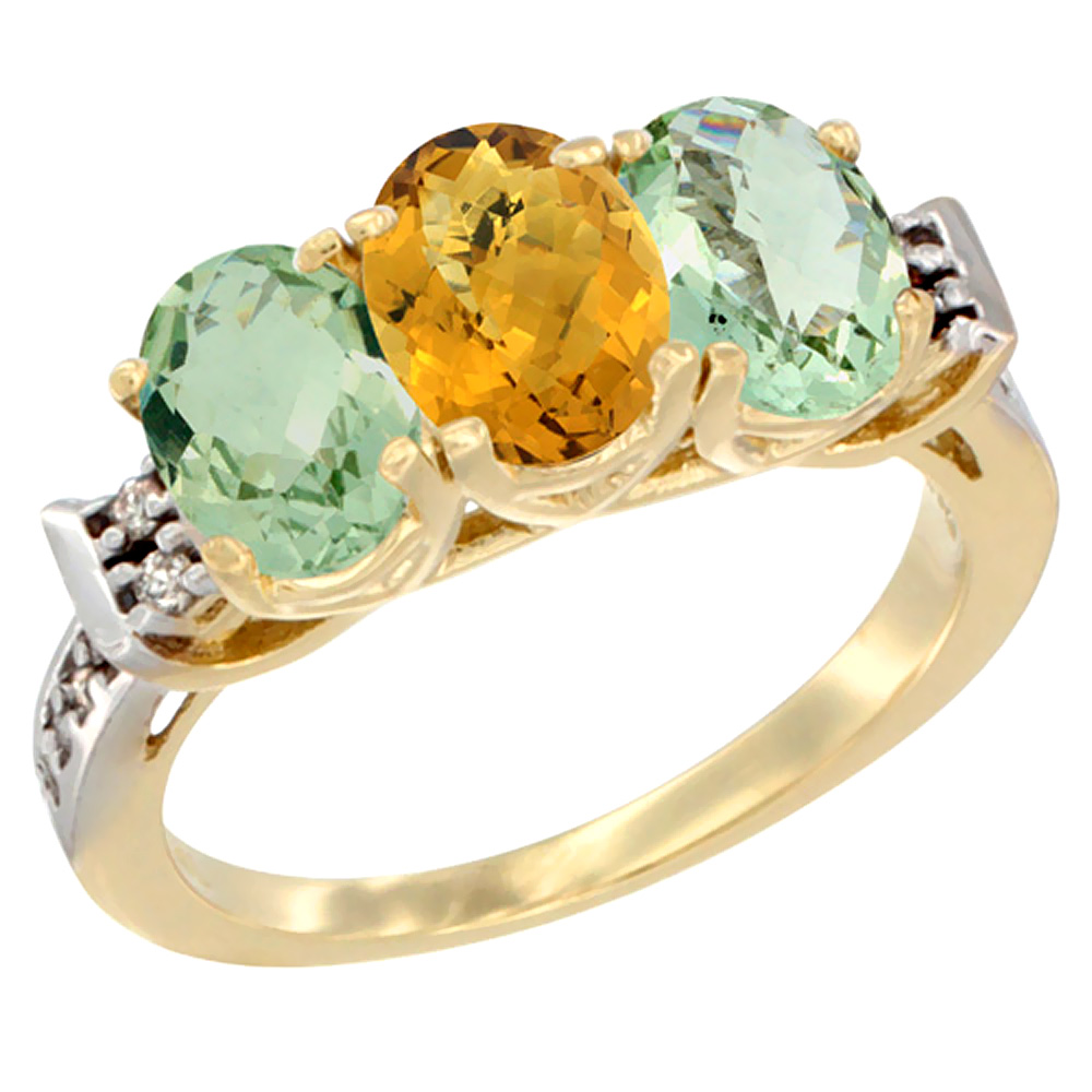 10K Yellow Gold Natural Whisky Quartz &amp; Green Amethyst Sides Ring 3-Stone Oval 7x5 mm Diamond Accent, sizes 5 - 10