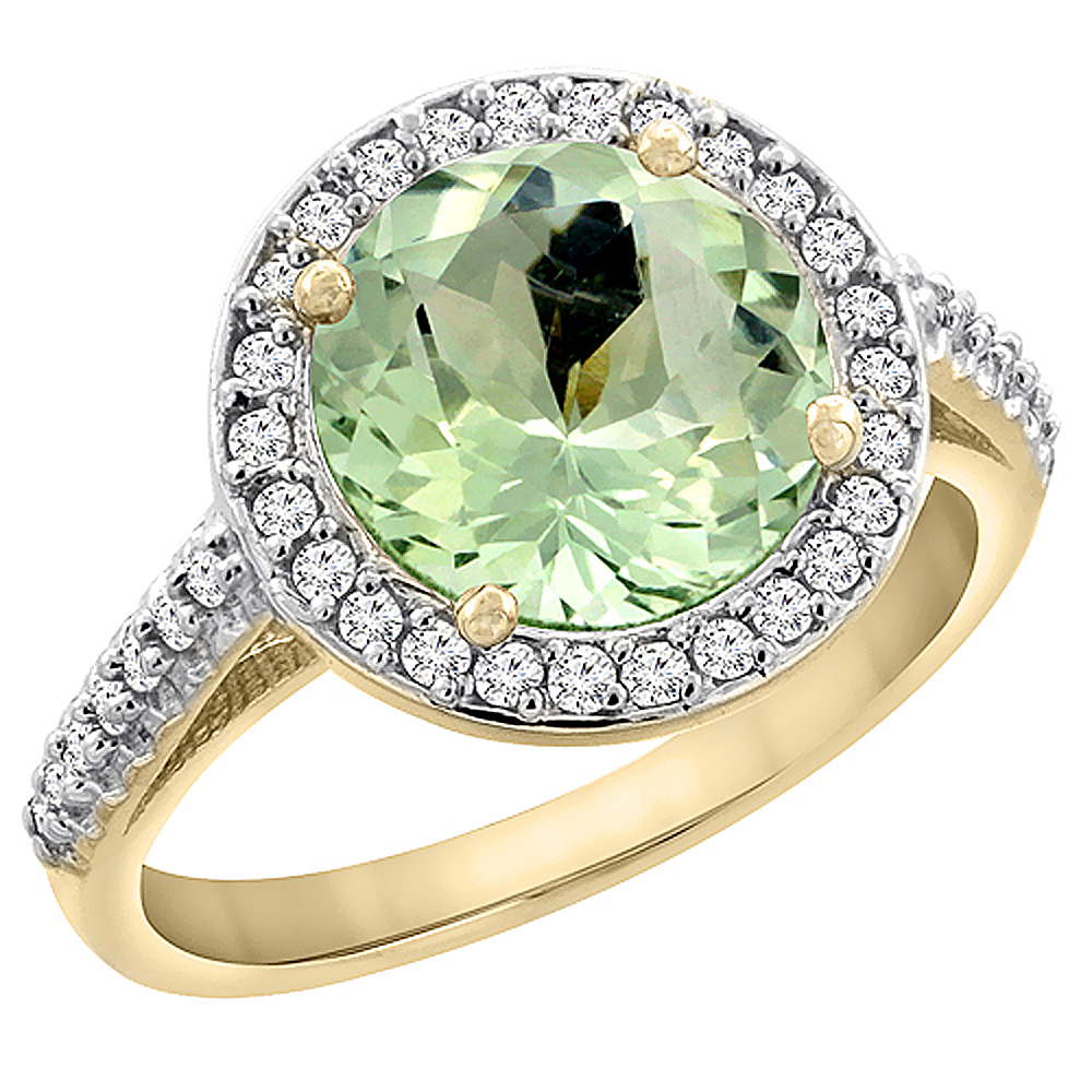 10k Yellow Gold Diamond Halo Genuine Green Amethyst Ring Round 8mm sizes 5 to 10