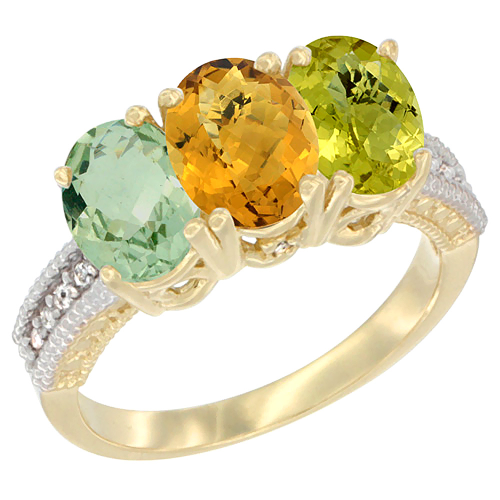 14K Yellow Gold Natural Green Amethyst, Whisky Quartz & Lemon Quartz Ring 3-Stone 7x5 mm Oval Diamond Accent, sizes 5 - 10