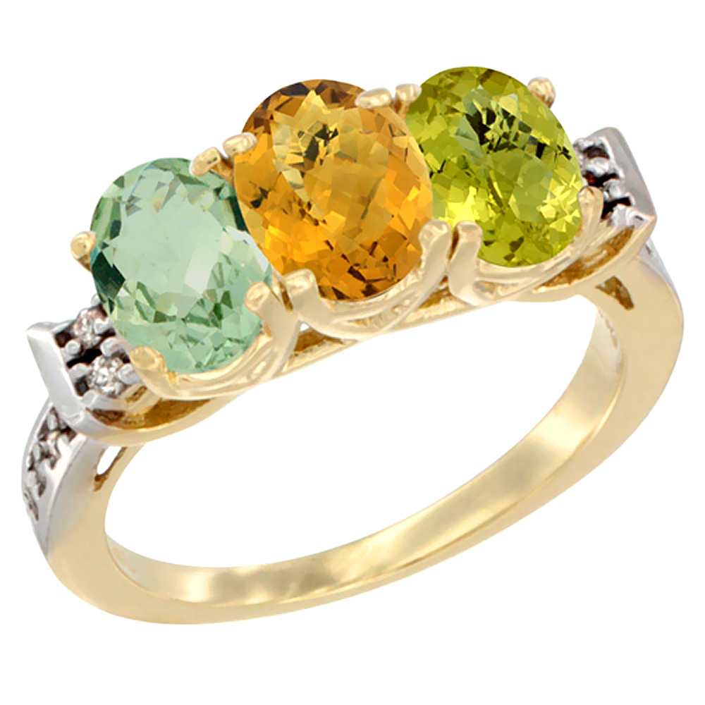 10K Yellow Gold Natural Green Amethyst, Whisky Quartz &amp; Lemon Quartz Ring 3-Stone Oval 7x5 mm Diamond Accent, sizes 5 - 10