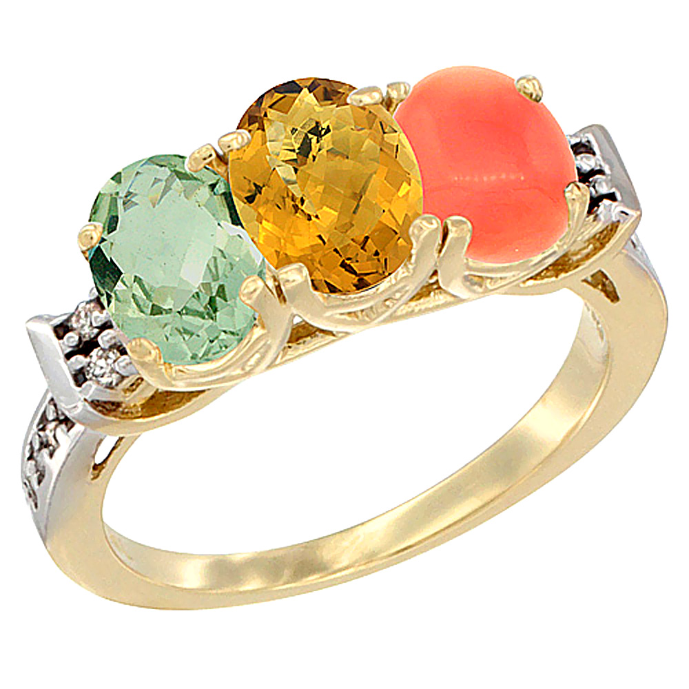 14K Yellow Gold Natural Green Amethyst, Whisky Quartz & Coral Ring 3-Stone 7x5 mm Oval Diamond Accent, sizes 5 - 10