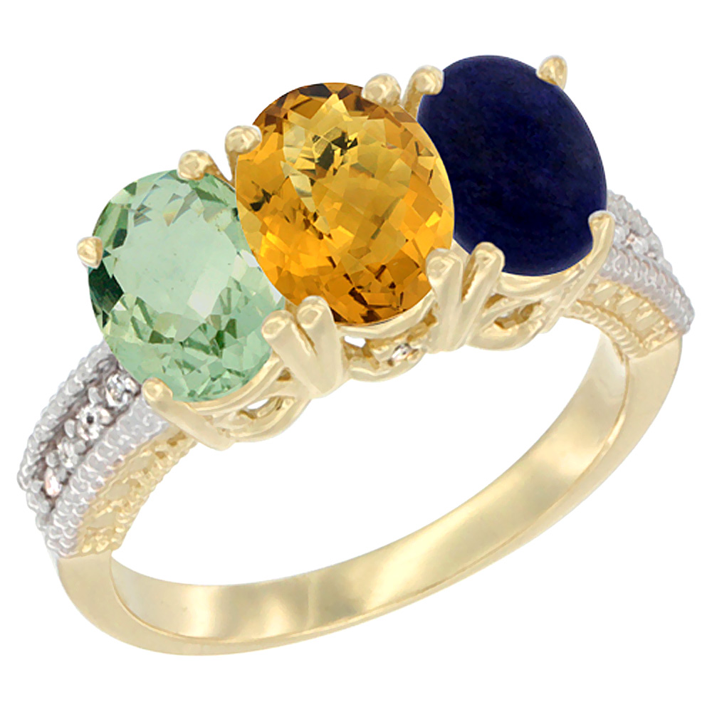 10K Yellow Gold Diamond Natural Green Amethyst, Whisky Quartz & Lapis Ring 3-Stone Oval 7x5 mm, sizes 5 - 10