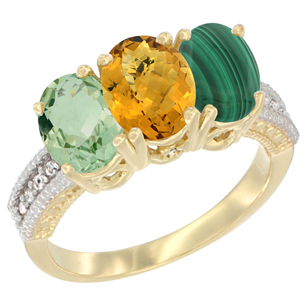 10K Yellow Gold Diamond Natural Green Amethyst, Whisky Quartz & Malachite Ring 3-Stone Oval 7x5 mm, sizes 5 - 10