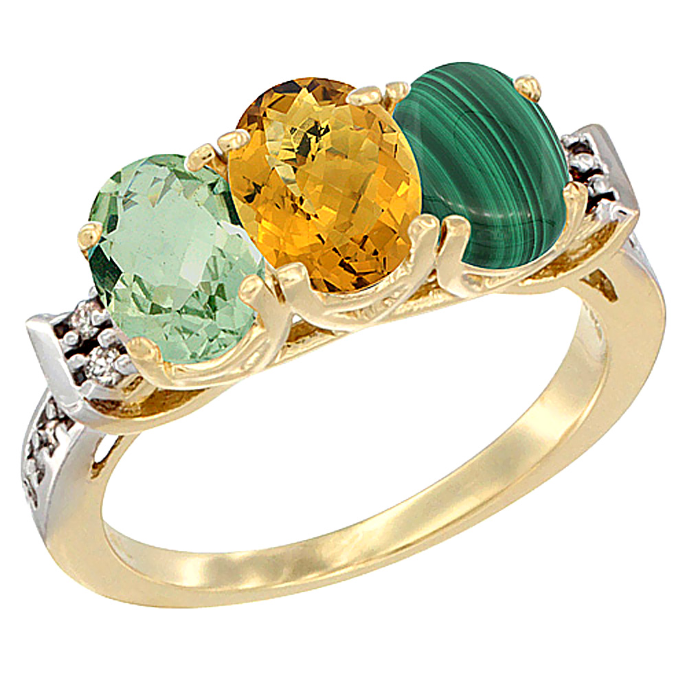 14K Yellow Gold Natural Green Amethyst, Whisky Quartz & Malachite Ring 3-Stone 7x5 mm Oval Diamond Accent, sizes 5 - 10