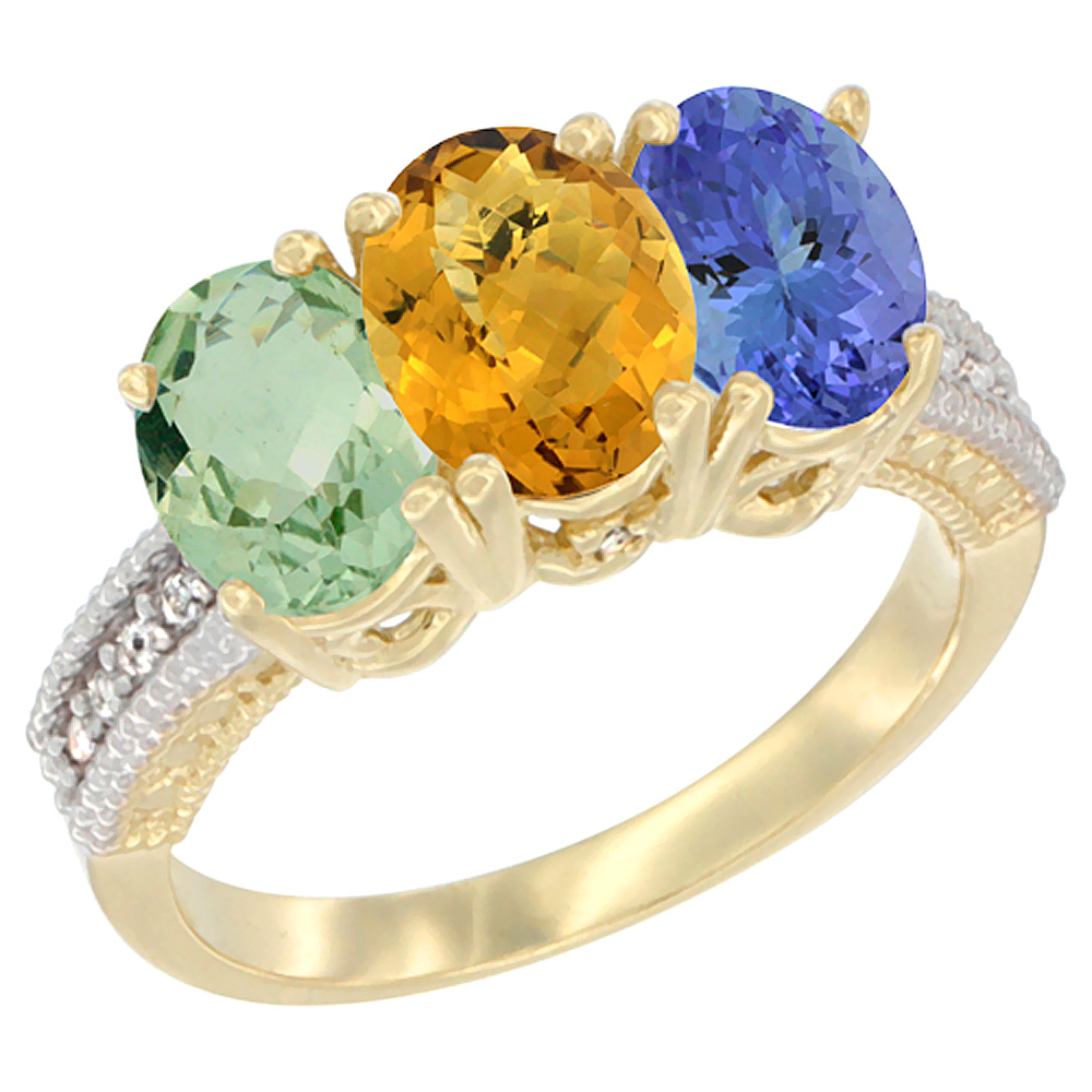 10K Yellow Gold Diamond Natural Green Amethyst, Whisky Quartz & Tanzanite Ring 3-Stone Oval 7x5 mm, sizes 5 - 10