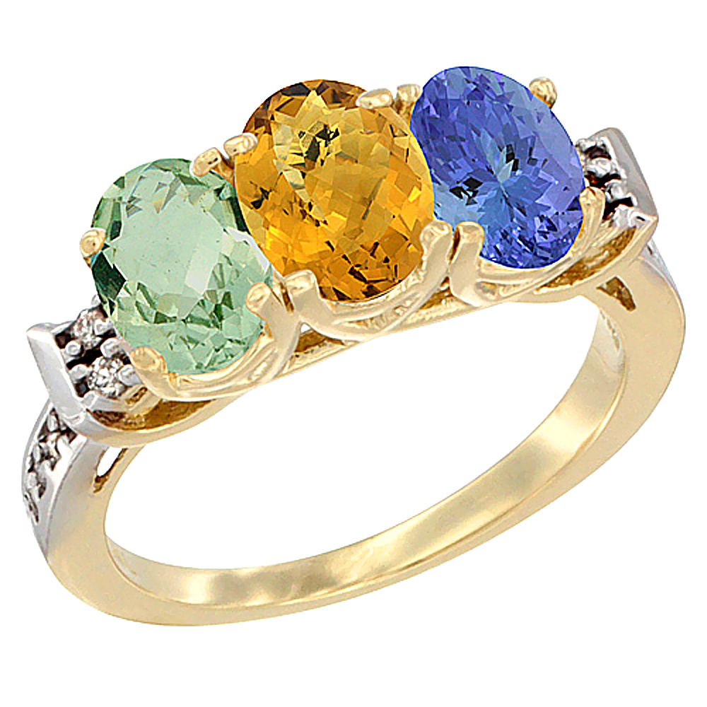 14K Yellow Gold Natural Green Amethyst, Whisky Quartz & Tanzanite Ring 3-Stone 7x5 mm Oval Diamond Accent, sizes 5 - 10