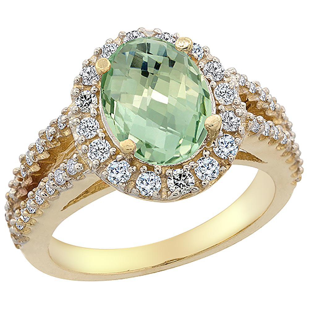 14K Yellow Gold Diamond Natural Green Amethyst Engagement Ring Oval 10x8mm, sizes 5-10