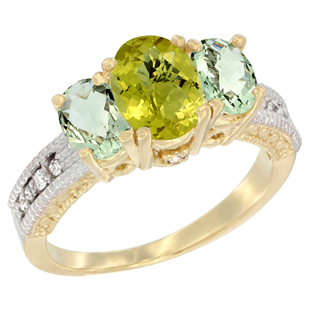 14K Yellow Gold Diamond Natural Lemon Quartz Ring Oval 3-stone with Green Amethyst, sizes 5 - 10