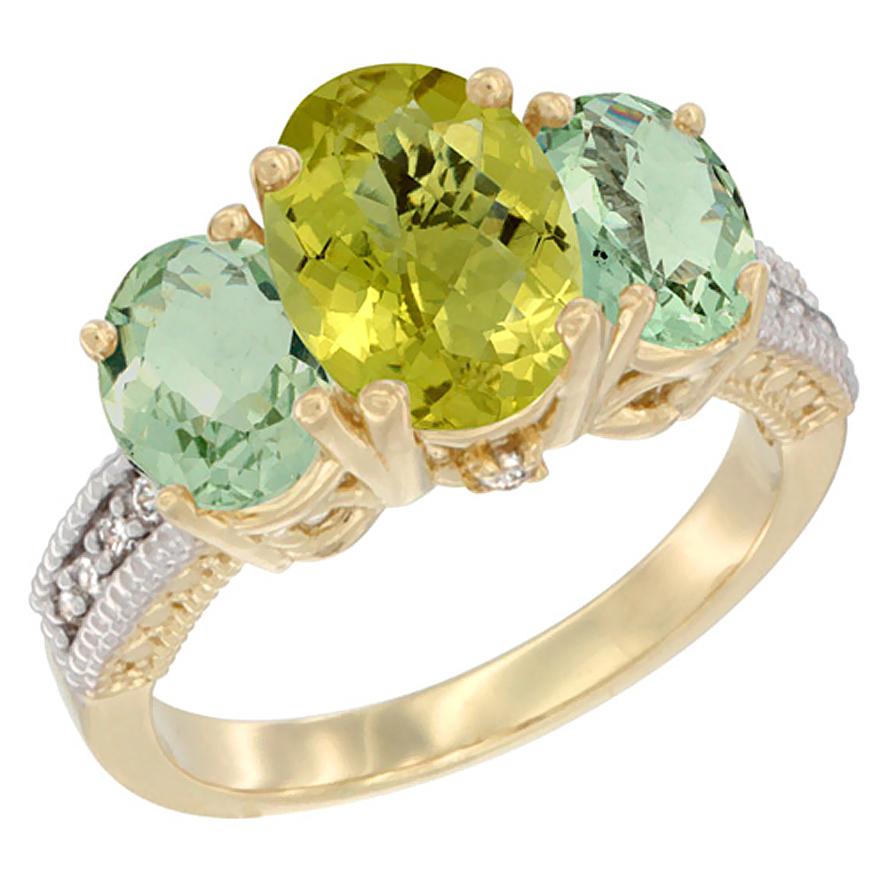 14K Yellow Gold Diamond Natural Lemon Quartz Ring 3-Stone Oval 8x6mm with Green Amethyst, sizes5-10