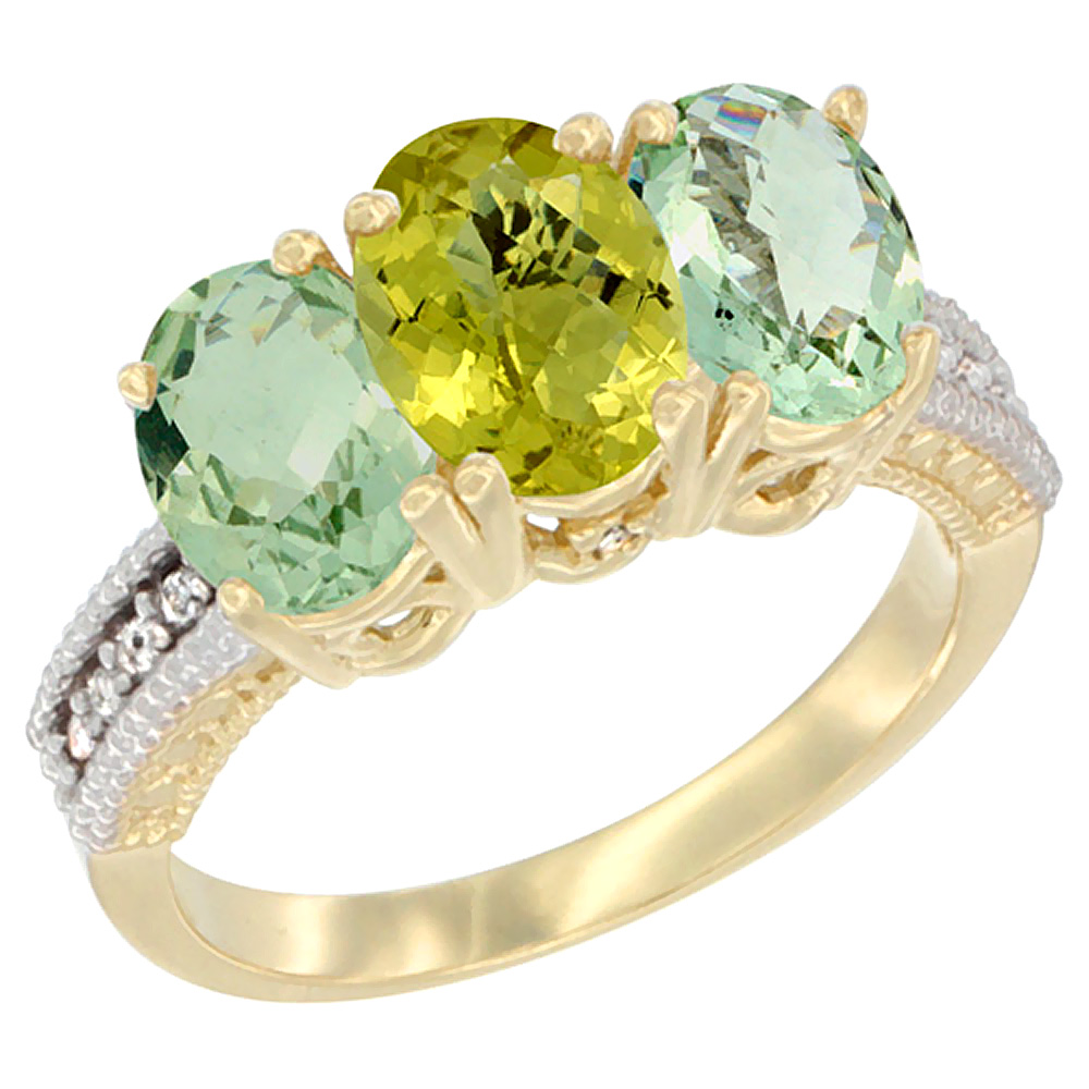 14K Yellow Gold Natural Lemon Quartz &amp; Green Amethyst Sides Ring 3-Stone 7x5 mm Oval Diamond Accent, sizes 5 - 10