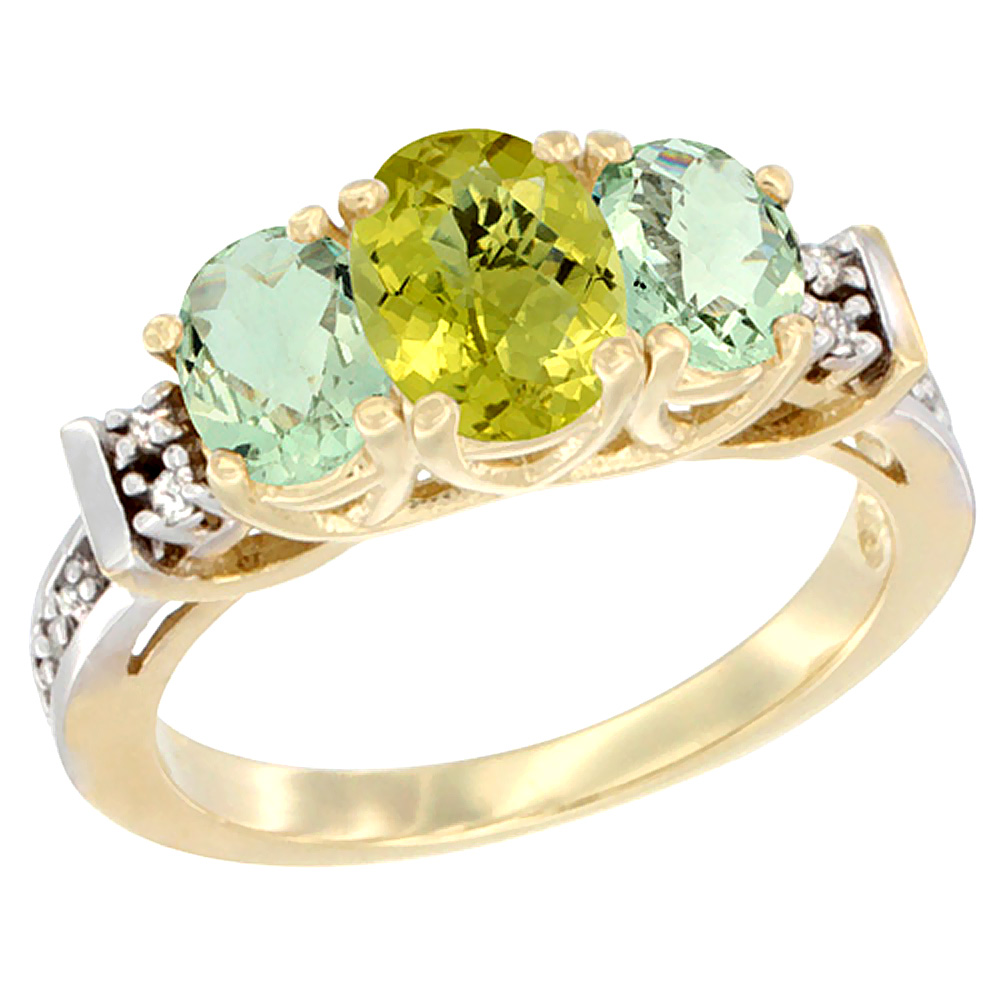 14K Yellow Gold Natural Lemon Quartz & Green Amethyst Ring 3-Stone Oval Diamond Accent