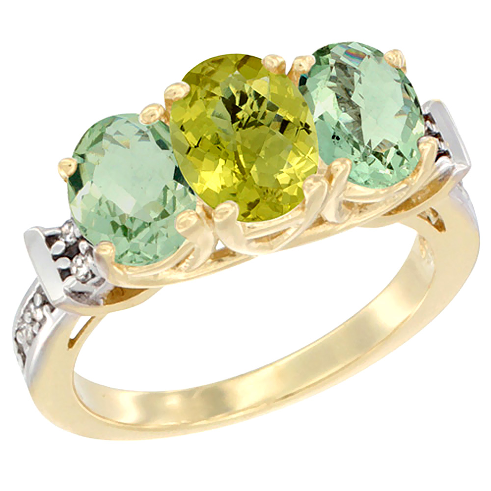 10K Yellow Gold Natural Lemon Quartz &amp; Green Amethyst Sides Ring 3-Stone Oval Diamond Accent, sizes 5 - 10