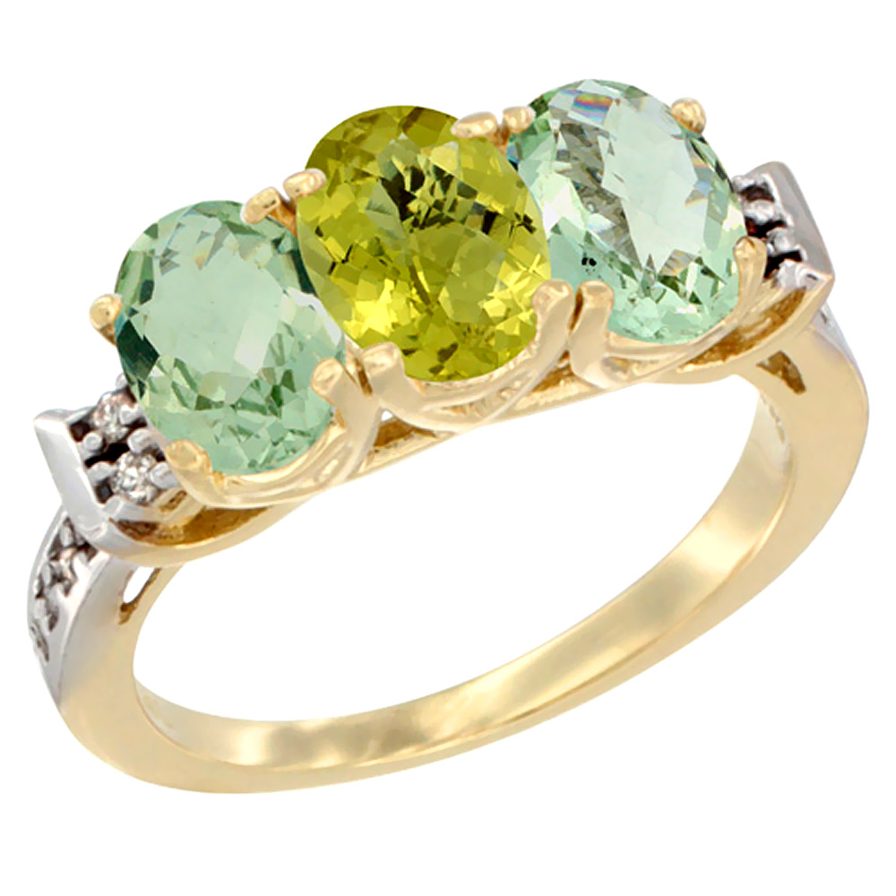 10K Yellow Gold Natural Lemon Quartz &amp; Green Amethyst Sides Ring 3-Stone Oval 7x5 mm Diamond Accent, sizes 5 - 10