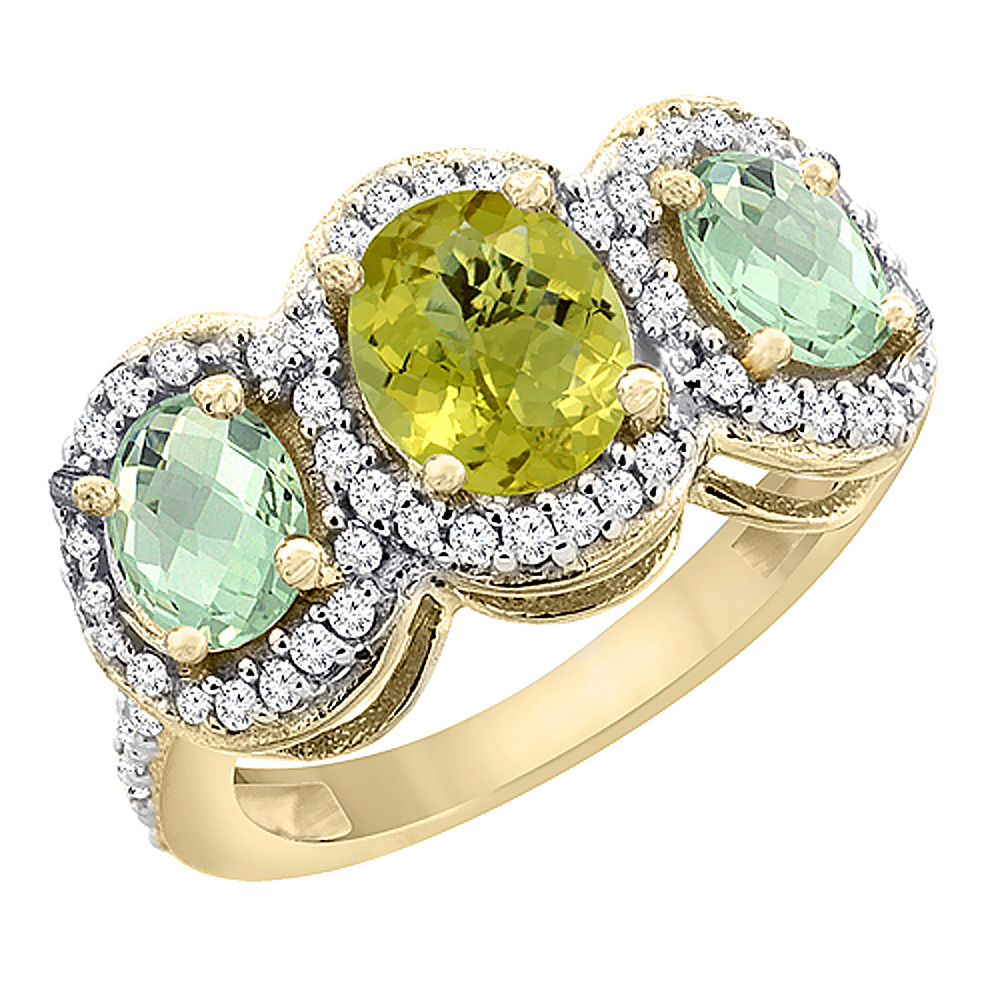 14K Yellow Gold Natural Lemon Quartz &amp; Green Amethyst 3-Stone Ring Oval Diamond Accent, sizes 5 - 10