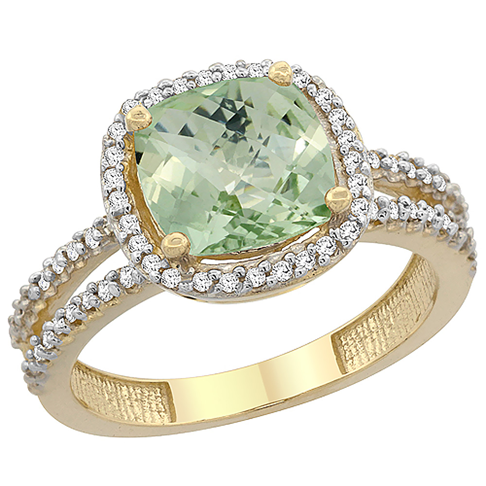 10K Yellow Gold Genuine Green Amethyst Ring Cushion-cut 8x8 mm 2-row Diamond Accents sizes 5 - 10