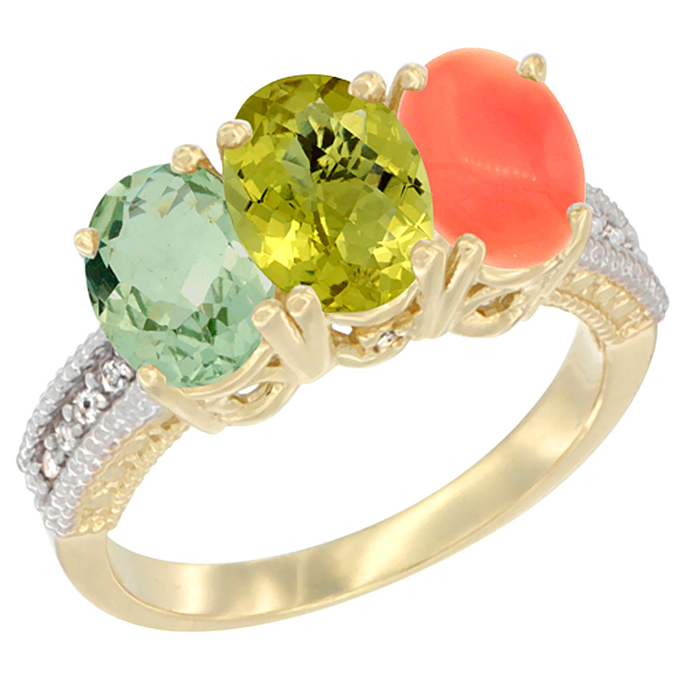 10K Yellow Gold Diamond Natural Green Amethyst, Lemon Quartz & Coral Ring 3-Stone Oval 7x5 mm, sizes 5 - 10