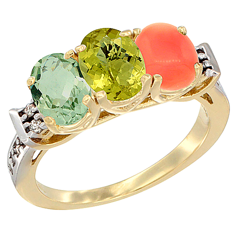 14K Yellow Gold Natural Green Amethyst, Lemon Quartz & Coral Ring 3-Stone 7x5 mm Oval Diamond Accent, sizes 5 - 10