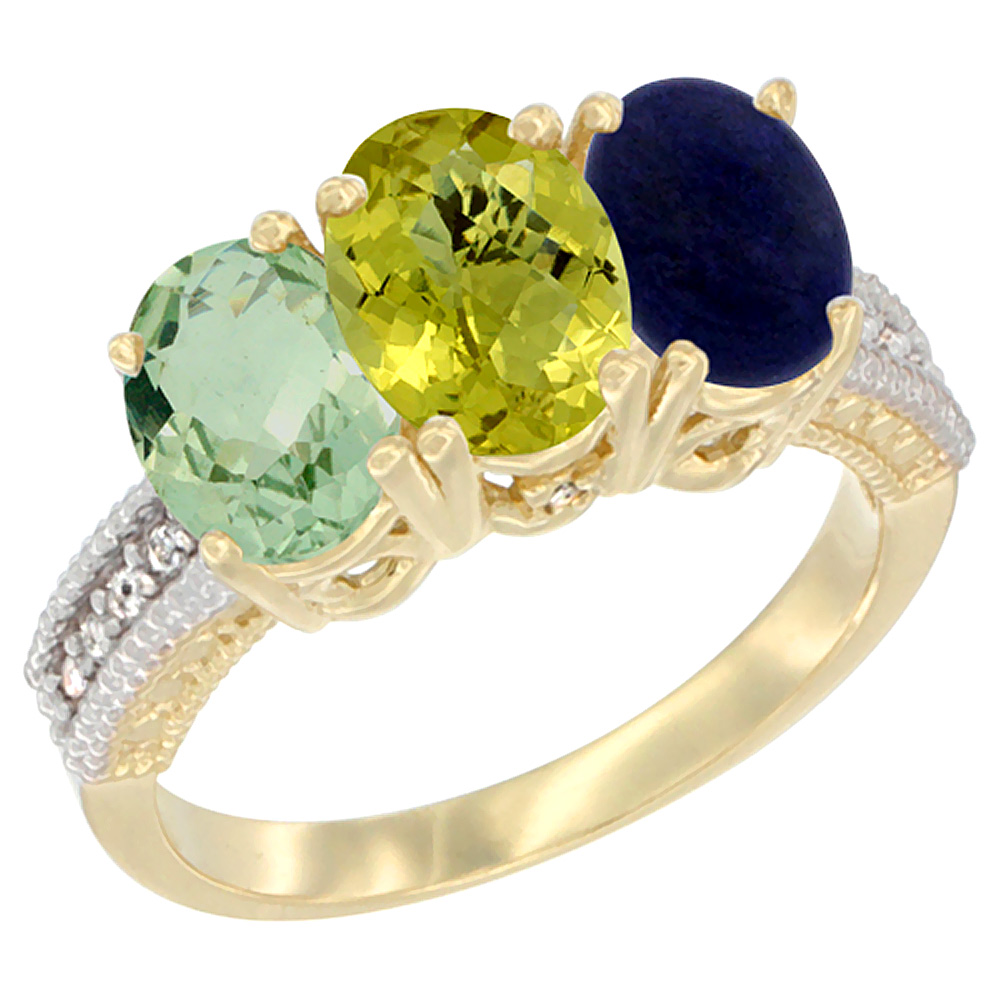 14K Yellow Gold Natural Green Amethyst, Lemon Quartz & Lapis Ring 3-Stone 7x5 mm Oval Diamond Accent, sizes 5 - 10