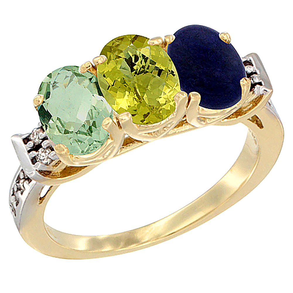 10K Yellow Gold Natural Green Amethyst, Lemon Quartz & Lapis Ring 3-Stone Oval 7x5 mm Diamond Accent, sizes 5 - 10