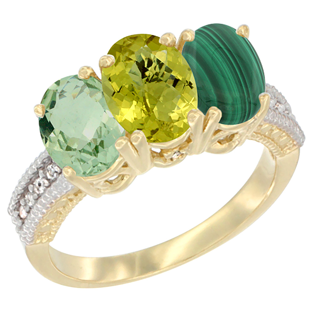 14K Yellow Gold Natural Green Amethyst, Lemon Quartz & Malachite Ring 3-Stone 7x5 mm Oval Diamond Accent, sizes 5 - 10