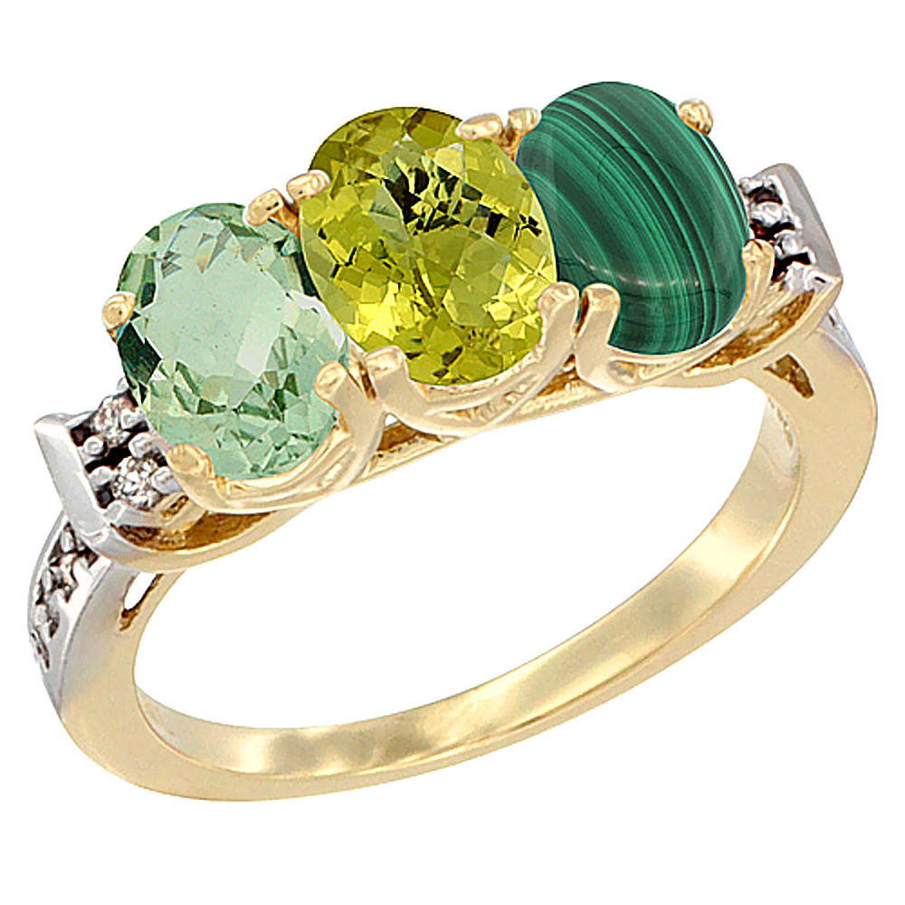 14K Yellow Gold Natural Green Amethyst, Lemon Quartz & Malachite Ring 3-Stone 7x5 mm Oval Diamond Accent, sizes 5 - 10