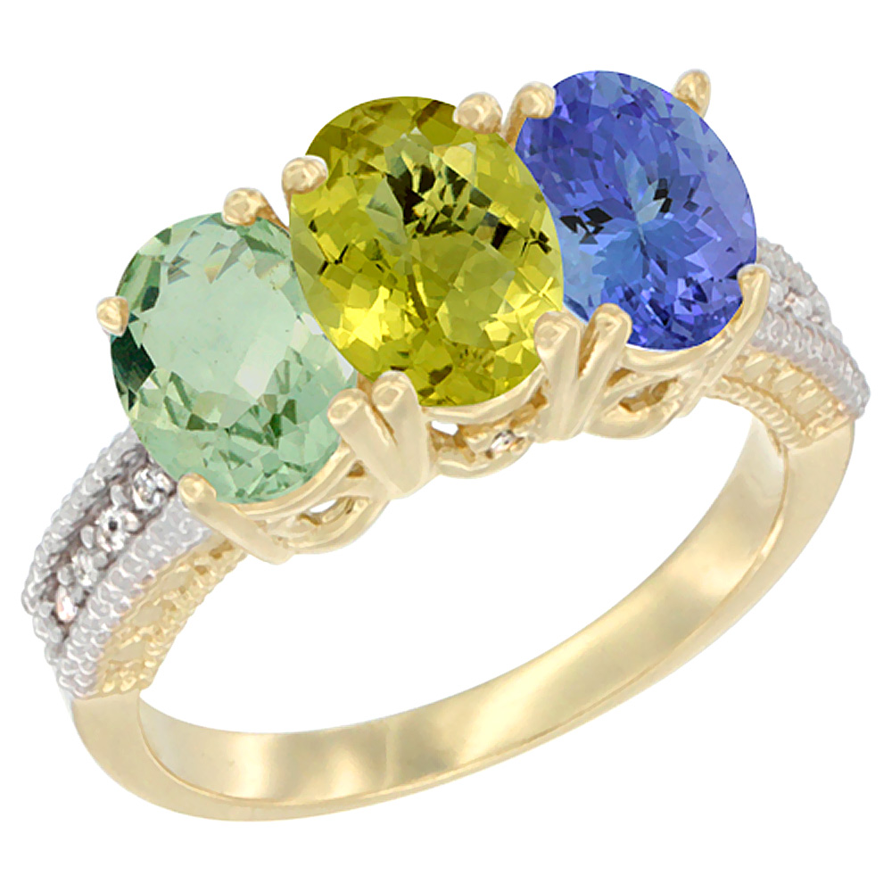 10K Yellow Gold Diamond Natural Green Amethyst, Lemon Quartz &amp; Tanzanite Ring 3-Stone Oval 7x5 mm, sizes 5 - 10