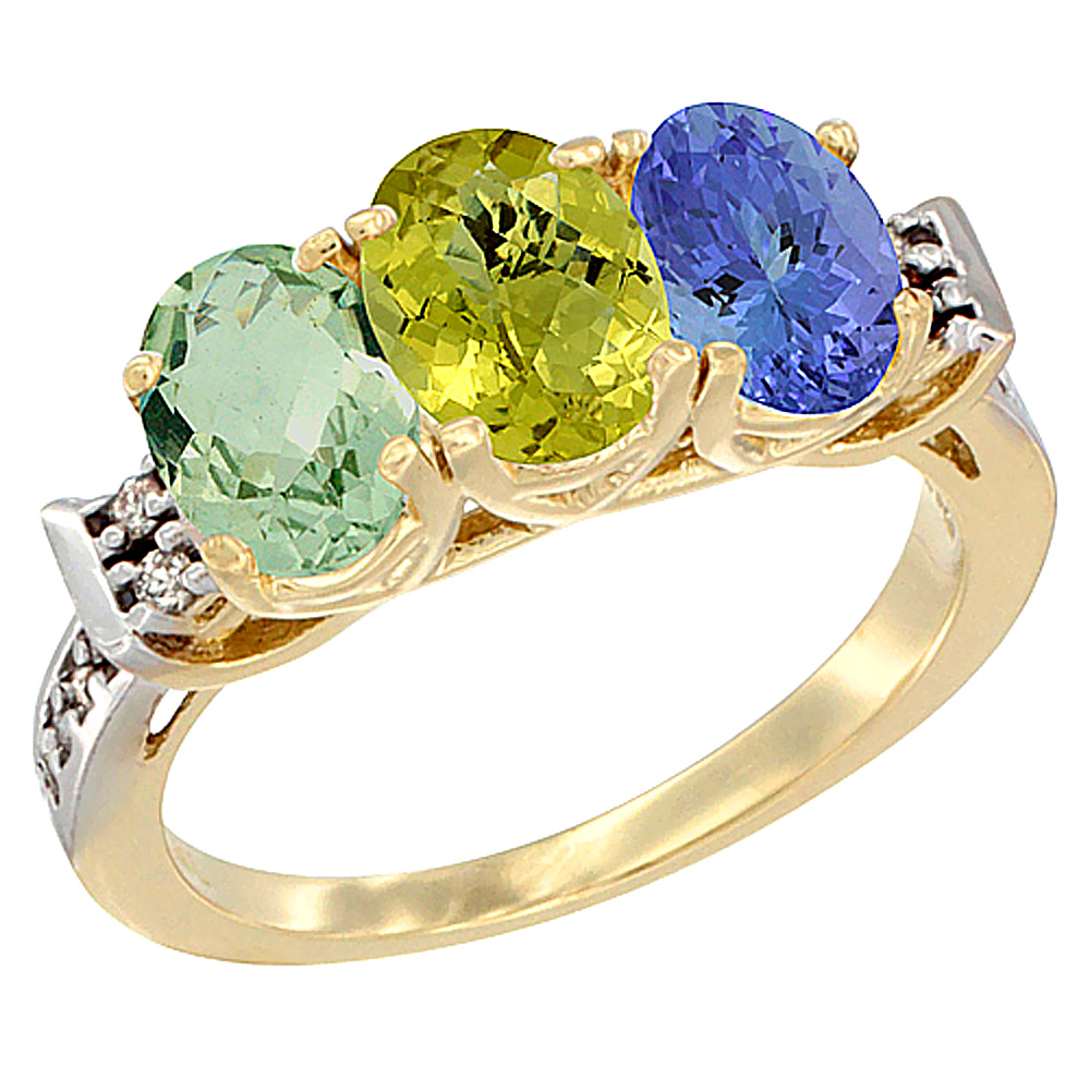 10K Yellow Gold Natural Green Amethyst, Lemon Quartz & Tanzanite Ring 3-Stone Oval 7x5 mm Diamond Accent, sizes 5 - 10