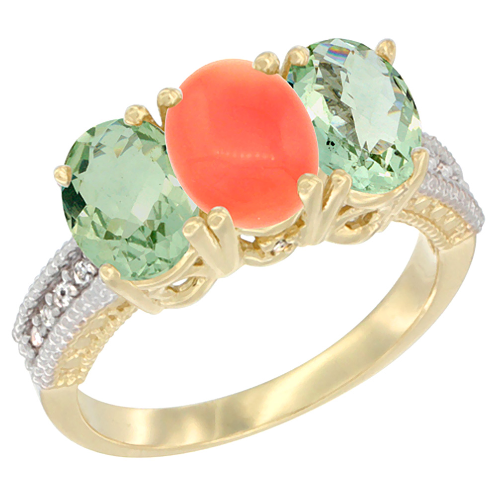 14K Yellow Gold Natural Coral & Green Amethyst Sides Ring 3-Stone 7x5 mm Oval Diamond Accent, sizes 5 - 10