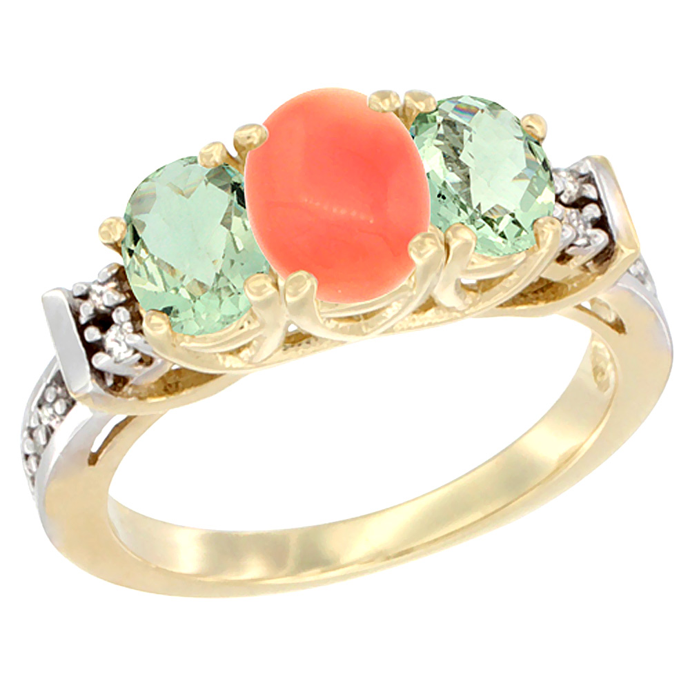 10K Yellow Gold Natural Coral &amp; Green Amethyst Ring 3-Stone Oval Diamond Accent