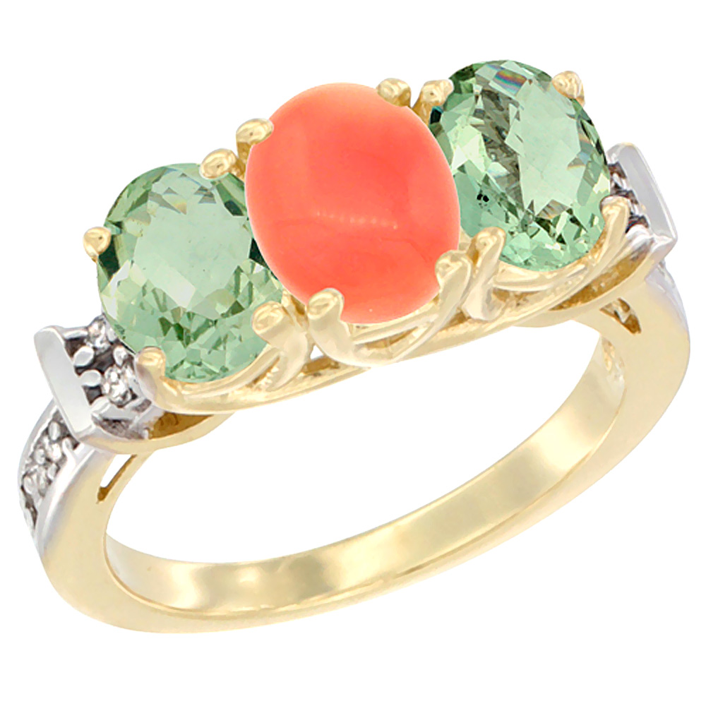 14K Yellow Gold Natural Coral & Green Amethyst Sides Ring 3-Stone Oval Diamond Accent, sizes 5 - 10