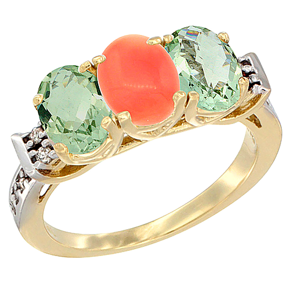 14K Yellow Gold Natural Coral &amp; Green Amethyst Sides Ring 3-Stone 7x5 mm Oval Diamond Accent, sizes 5 - 10