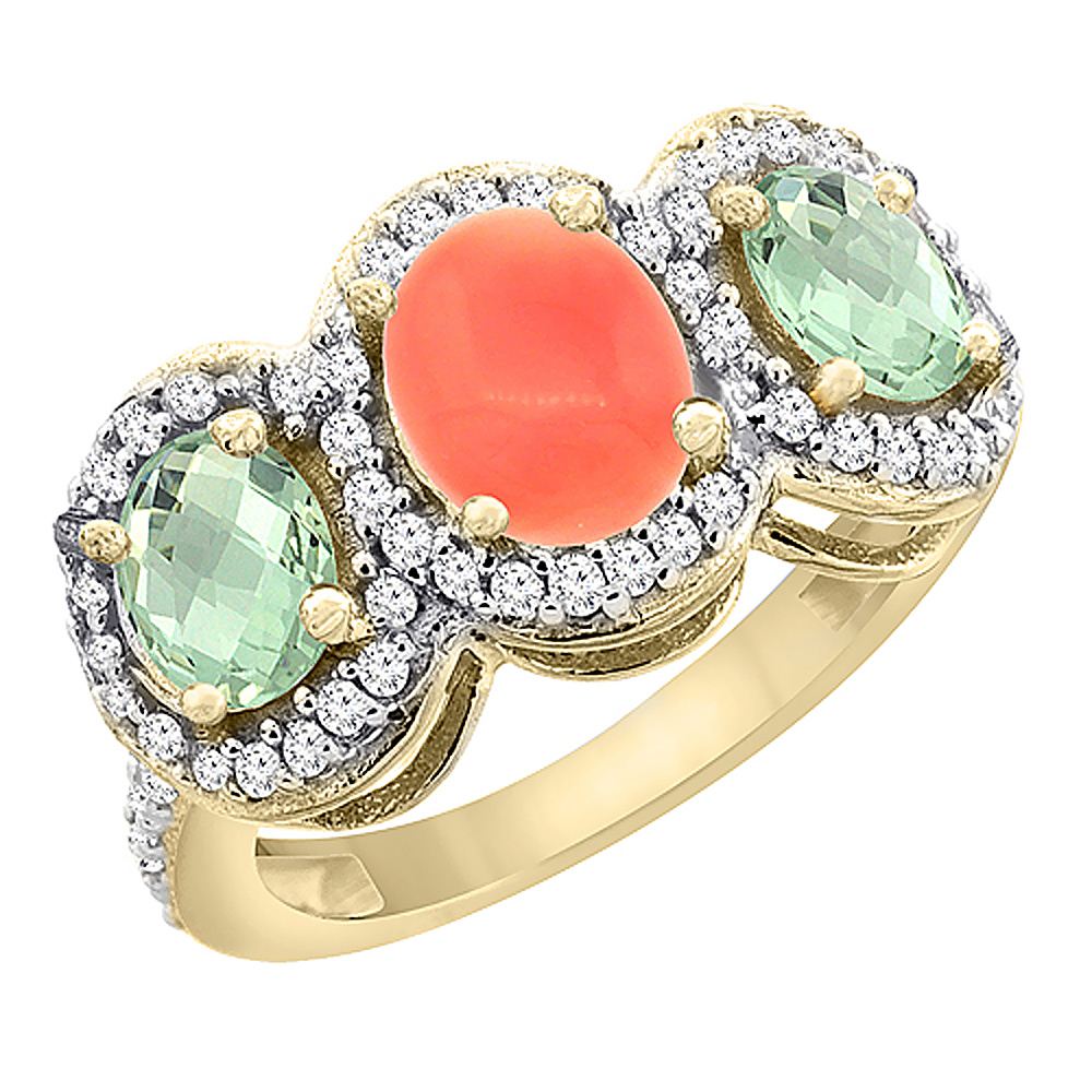 10K Yellow Gold Natural Coral & Green Amethyst 3-Stone Ring Oval Diamond Accent, sizes 5 - 10