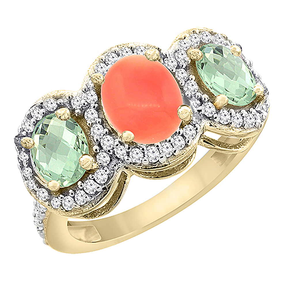 10K Yellow Gold Natural Coral &amp; Green Amethyst 3-Stone Ring Oval Diamond Accent, sizes 5 - 10