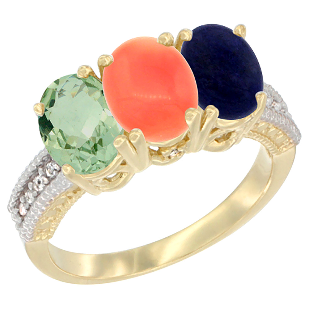 14K Yellow Gold Natural Green Amethyst, Coral &amp; Lapis Ring 3-Stone 7x5 mm Oval Diamond Accent, sizes 5 - 10