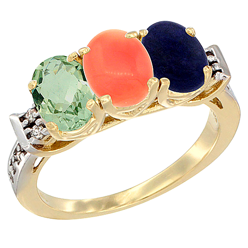 14K Yellow Gold Natural Green Amethyst, Coral & Lapis Ring 3-Stone 7x5 mm Oval Diamond Accent, sizes 5 - 10