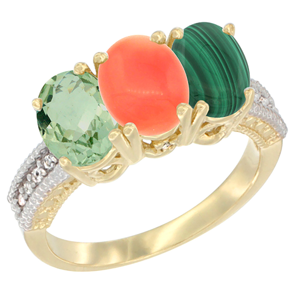 14K Yellow Gold Natural Green Amethyst, Coral & Malachite Ring 3-Stone 7x5 mm Oval Diamond Accent, sizes 5 - 10