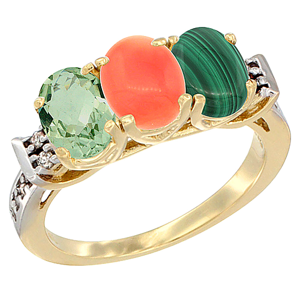 14K Yellow Gold Natural Green Amethyst, Coral &amp; Malachite Ring 3-Stone 7x5 mm Oval Diamond Accent, sizes 5 - 10