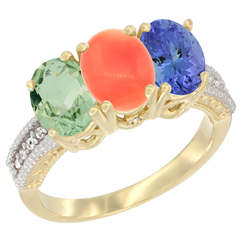 14K Yellow Gold Natural Green Amethyst, Coral &amp; Tanzanite Ring 3-Stone 7x5 mm Oval Diamond Accent, sizes 5 - 10