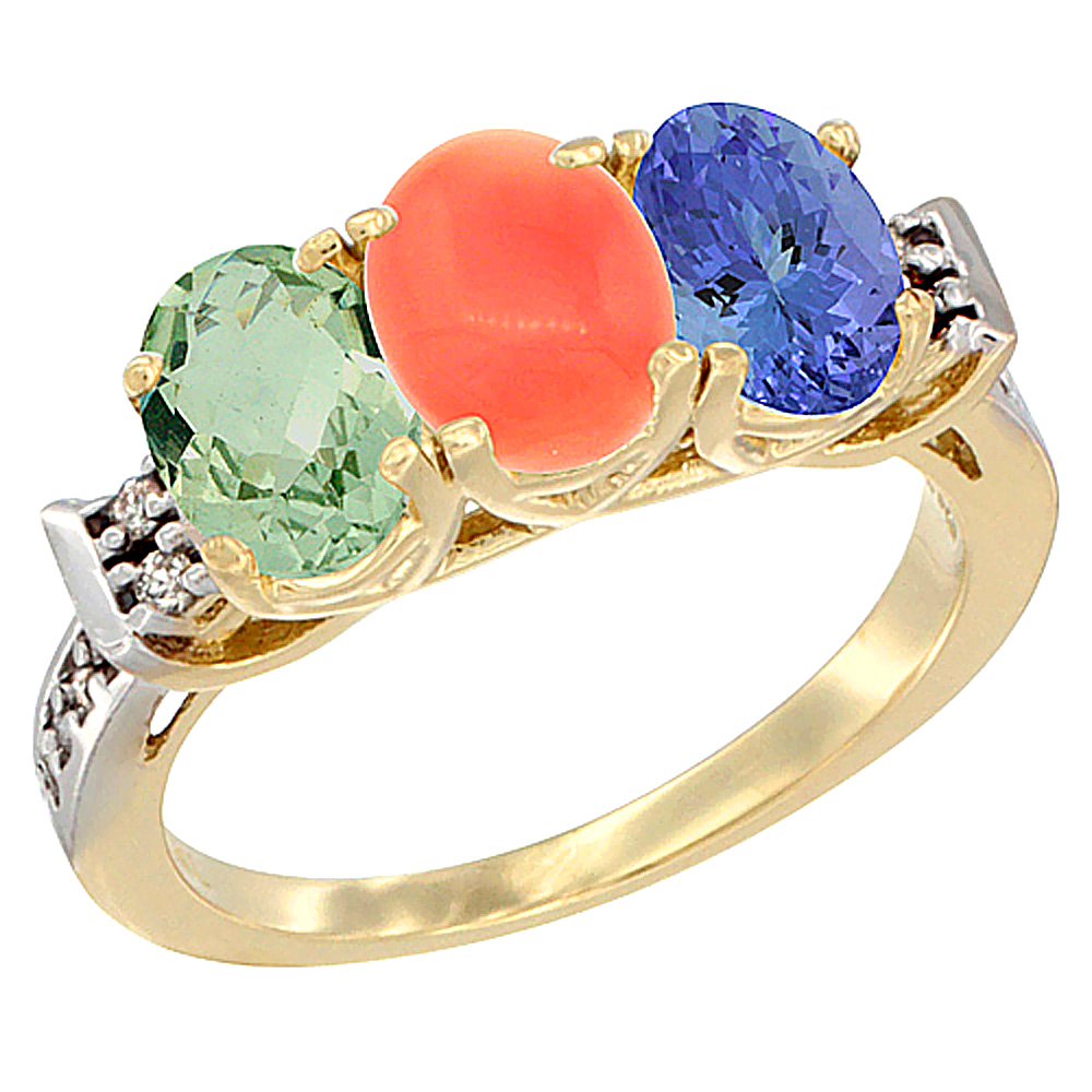 14K Yellow Gold Natural Green Amethyst, Coral & Tanzanite Ring 3-Stone 7x5 mm Oval Diamond Accent, sizes 5 - 10