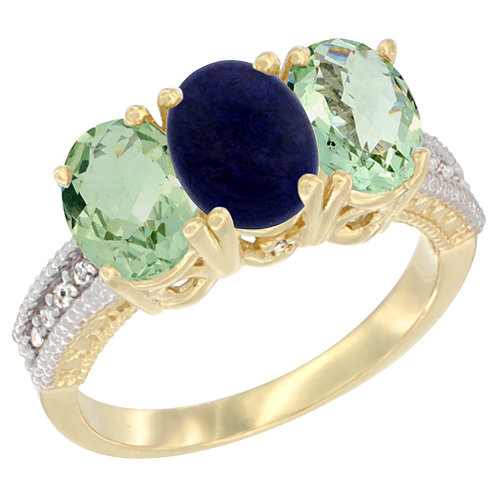 14K Yellow Gold Natural Lapis & Green Amethyst Sides Ring 3-Stone 7x5 mm Oval Diamond Accent, sizes 5 - 10