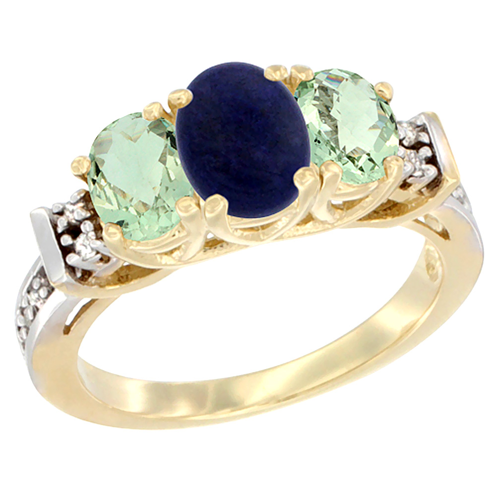 14K Yellow Gold Natural Lapis &amp; Green Amethyst Ring 3-Stone Oval Diamond Accent