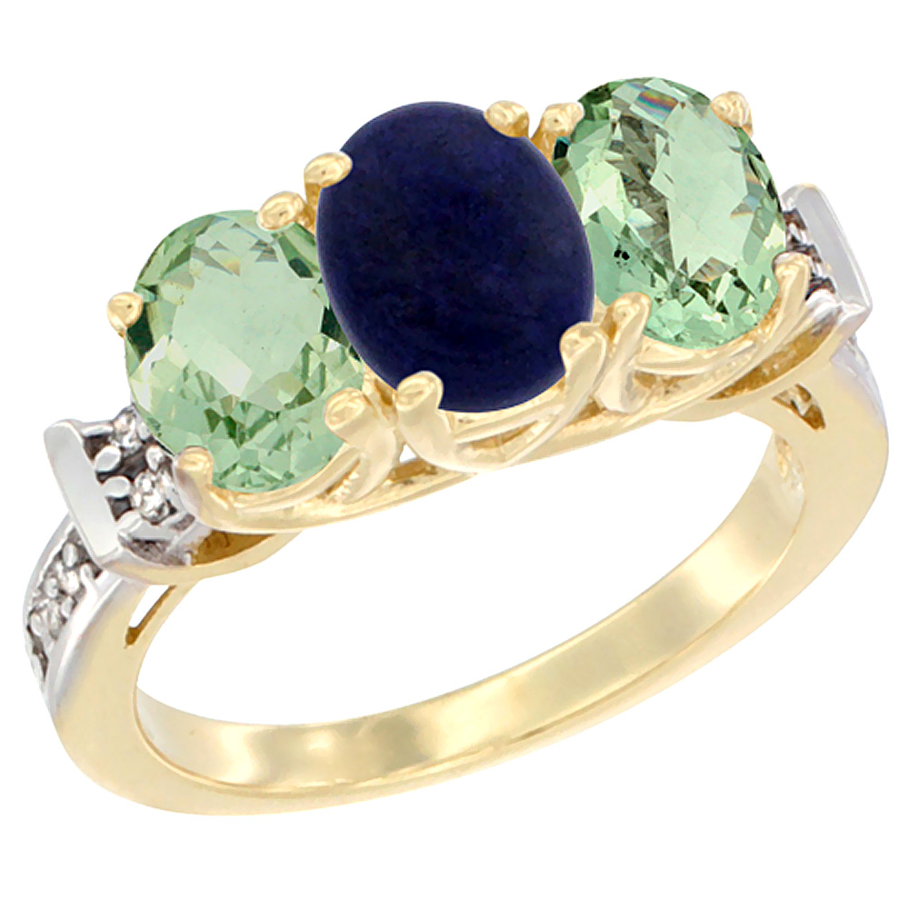 14K Yellow Gold Natural Lapis & Green Amethyst Sides Ring 3-Stone Oval Diamond Accent, sizes 5 - 10