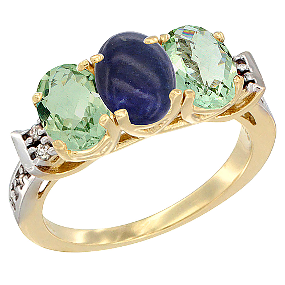 14K Yellow Gold Natural Lapis &amp; Green Amethyst Sides Ring 3-Stone 7x5 mm Oval Diamond Accent, sizes 5 - 10