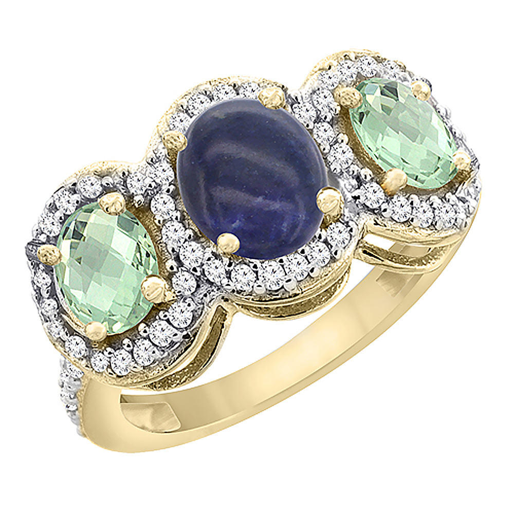 14K Yellow Gold Natural Lapis &amp; Green Amethyst 3-Stone Ring Oval Diamond Accent, sizes 5 - 10