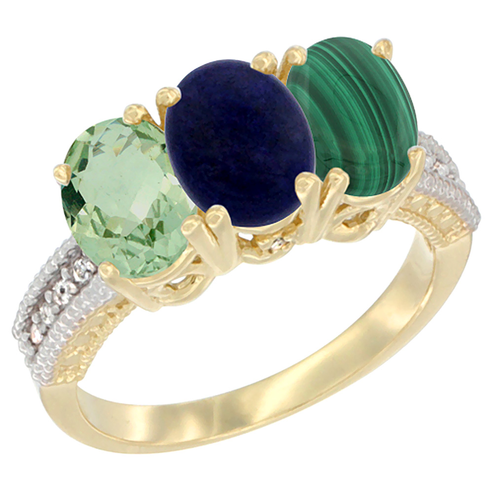 14K Yellow Gold Natural Green Amethyst, Lapis &amp; Malachite Ring 3-Stone 7x5 mm Oval Diamond Accent, sizes 5 - 10