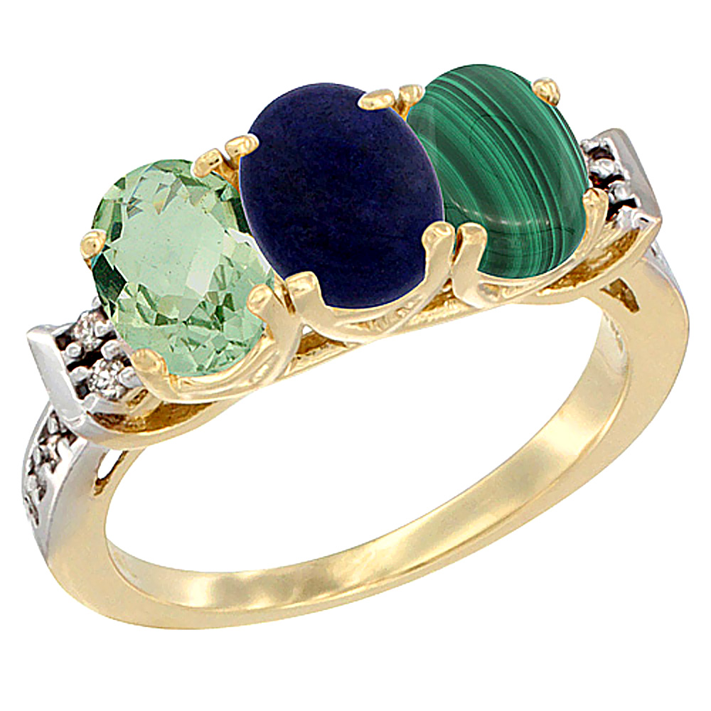 10K Yellow Gold Natural Green Amethyst, Lapis &amp; Malachite Ring 3-Stone Oval 7x5 mm Diamond Accent, sizes 5 - 10