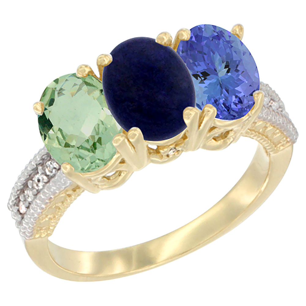 14K Yellow Gold Natural Green Amethyst, Lapis &amp; Tanzanite Ring 3-Stone 7x5 mm Oval Diamond Accent, sizes 5 - 10