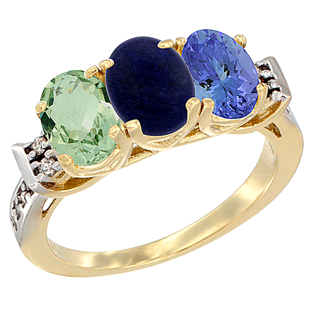 14K Yellow Gold Natural Green Amethyst, Lapis & Tanzanite Ring 3-Stone 7x5 mm Oval Diamond Accent, sizes 5 - 10