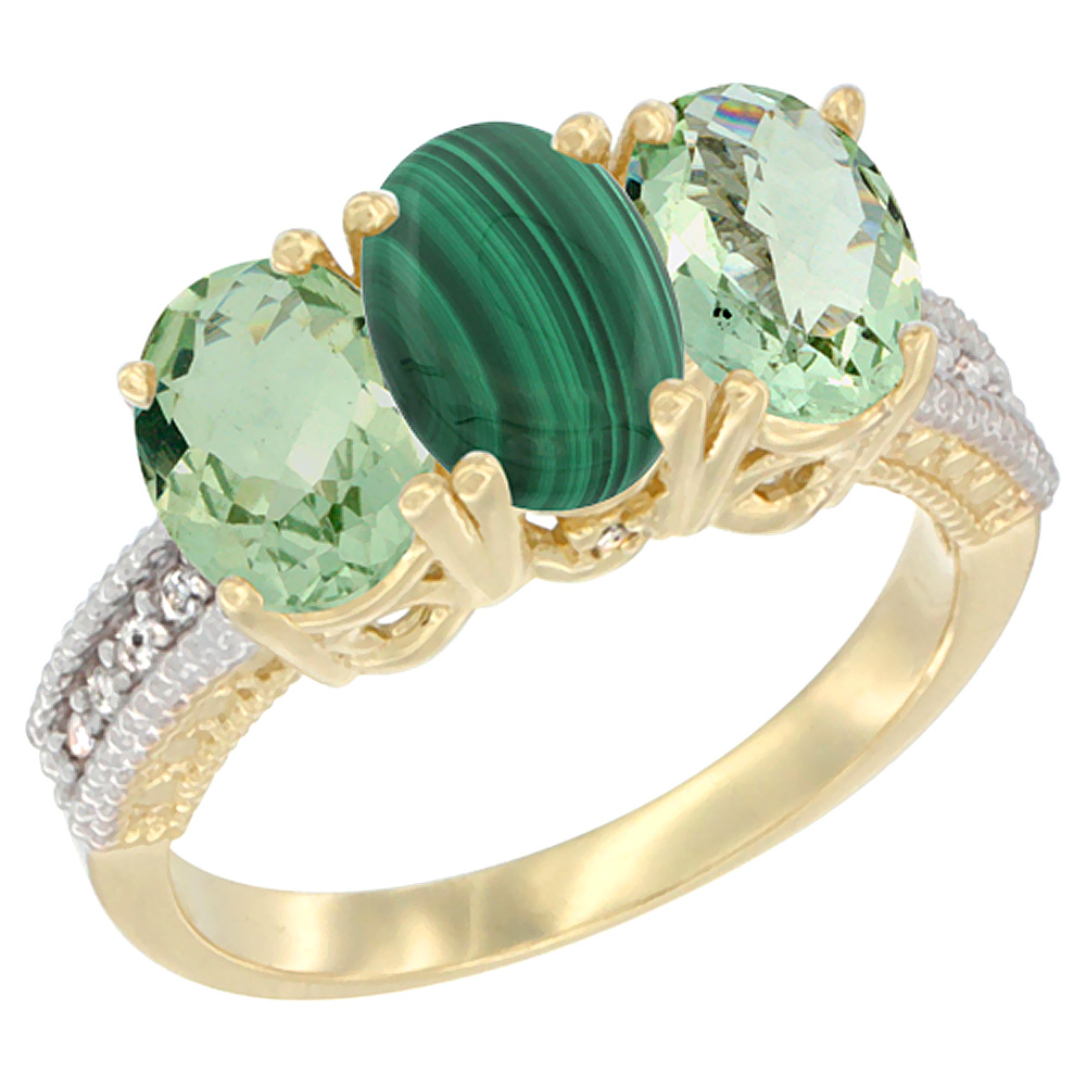 14K Yellow Gold Natural Malachite & Green Amethyst Sides Ring 3-Stone 7x5 mm Oval Diamond Accent, sizes 5 - 10